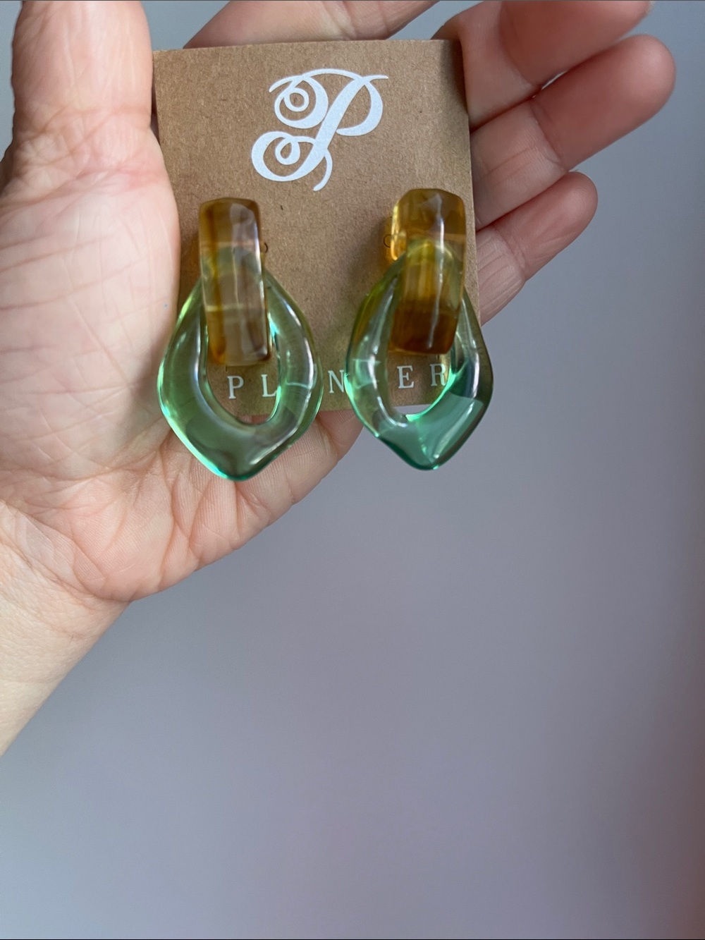 Plunder Two-Tone Green and Amber Resin Loop Drop Earrings